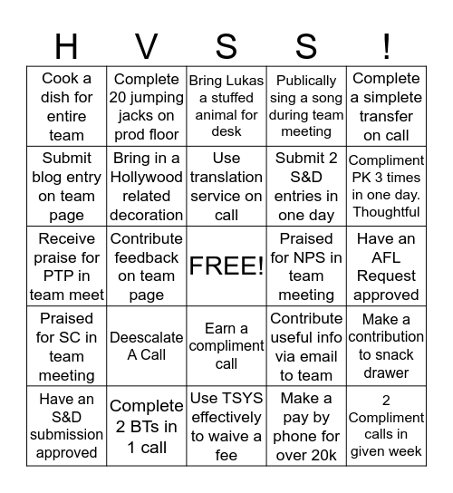 Team Hollywood Weekly Bingo!  Bingo Card