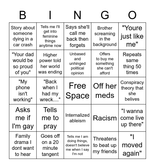 My mom called me :/ Bingo Card