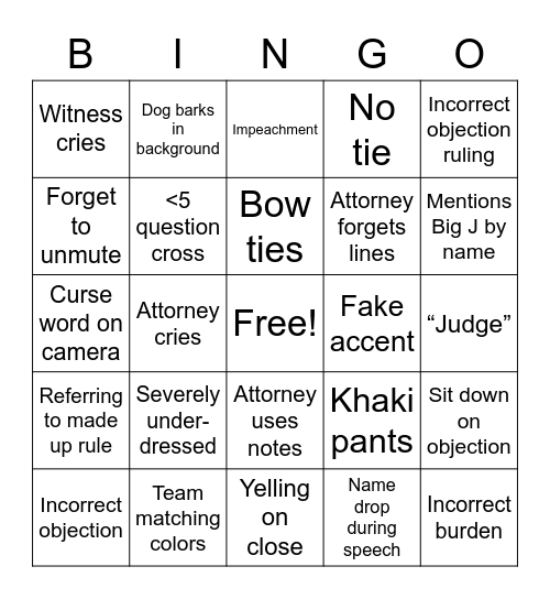 Mock Trial!! Bingo Card