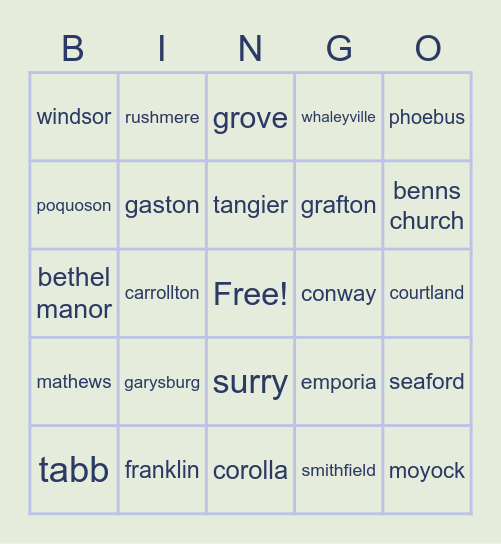 tidewater small/incorporated town bingo Card