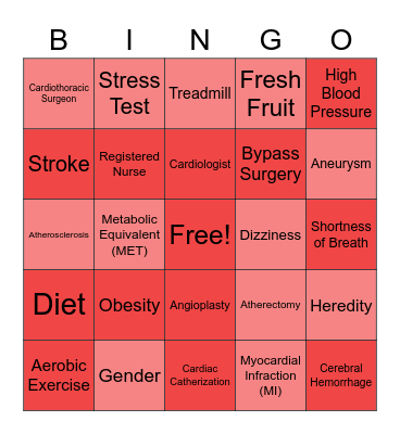 Cardiac Rehabilitation and Cardiac Catherization Bingo Card