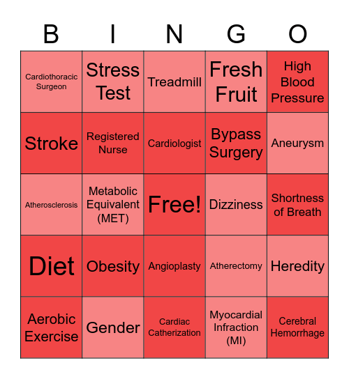 Cardiac Rehabilitation and Cardiac Catherization Bingo Card