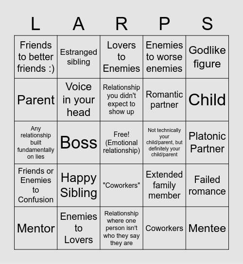 LARP Relationships! Have you had a... Bingo Card