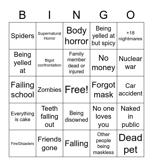 Stress Dream bingo Card