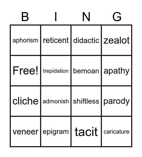 Vocabulary List #16 Bingo Card