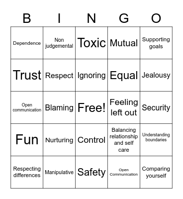 Healthy Relationships Bingo Card