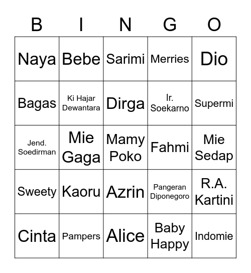 Punya Kao Bingo Card