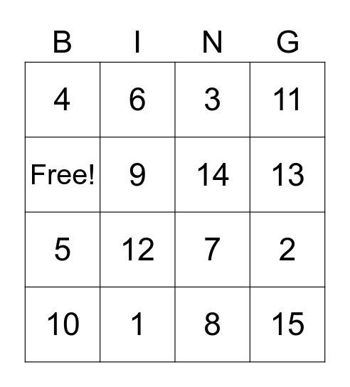 number 1-16 Bingo Card