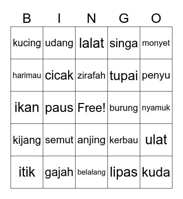 animals Bingo Card