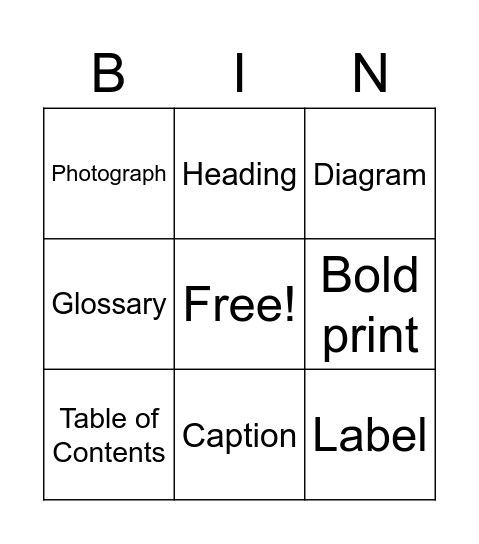 Text Feature Bingo Card