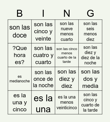 La hora Bingo Card