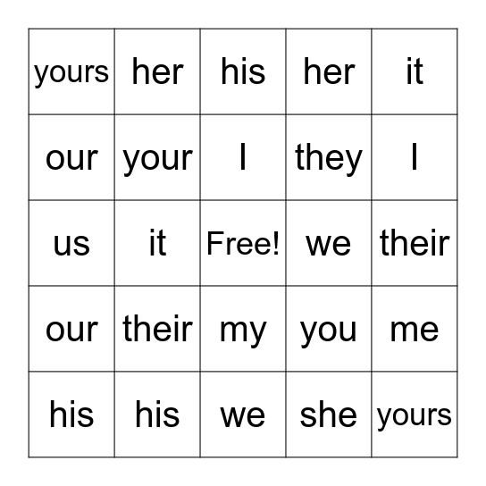 Pronoun Bingo Card