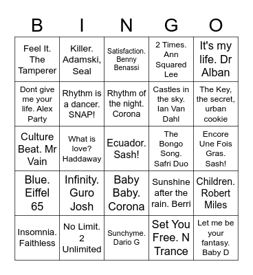 90's dance classics Bingo Card