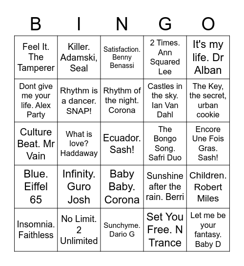 90's dance classics Bingo Card