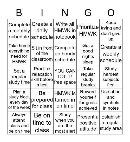 STUDY SKILL Bingo Card