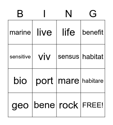 Latin Roots Bingo Card