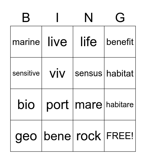 Latin Roots Bingo Card