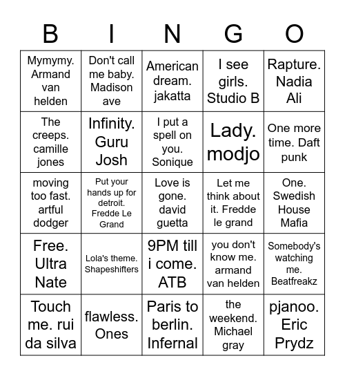 00's Dance Bingo Card