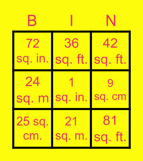 AREA using Multiplication Bingo Card