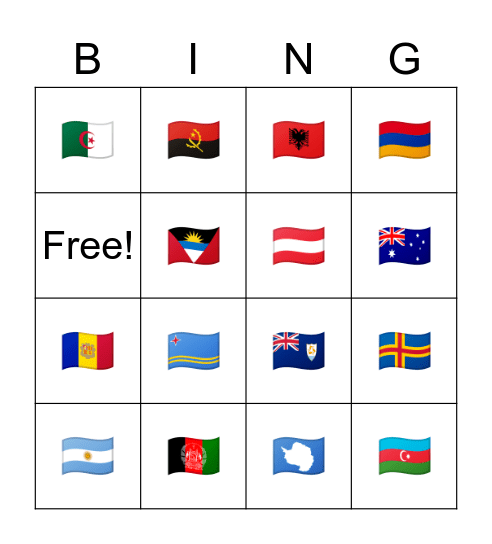 Countries A Bingo Card