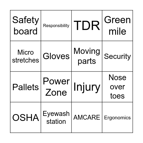 Safety Bingo Card