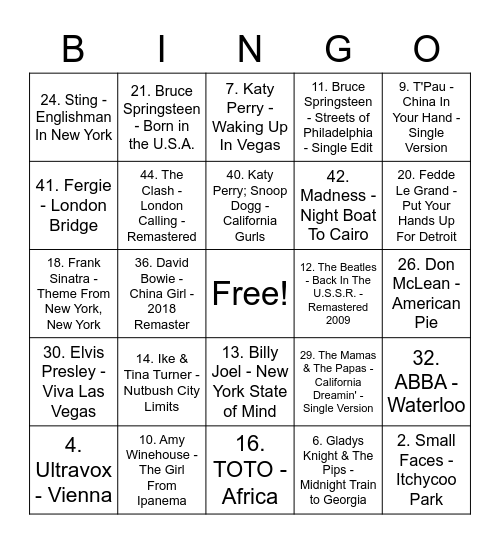 Places Bingo Card