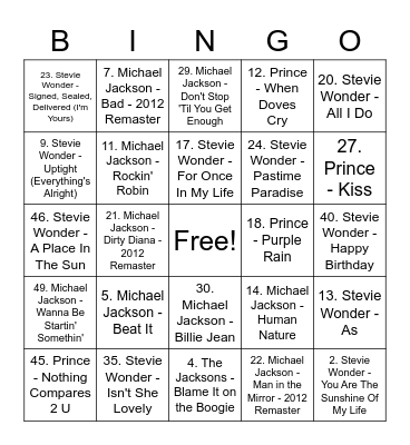 Jacko/Stevie/Prince Bingo Card