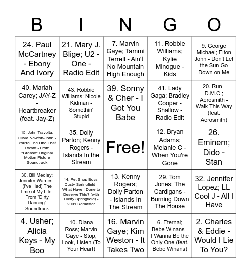 Duets Bingo Card