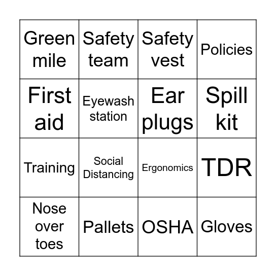 Safety Bingo Card