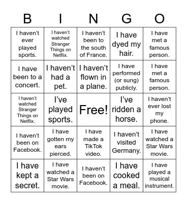 Present Perfect Bingo Card