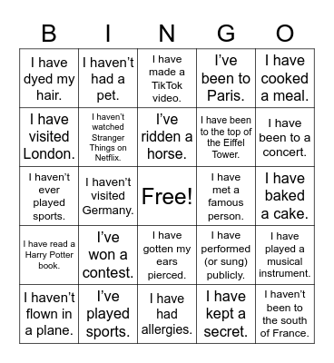 Present Perfect Bingo Card