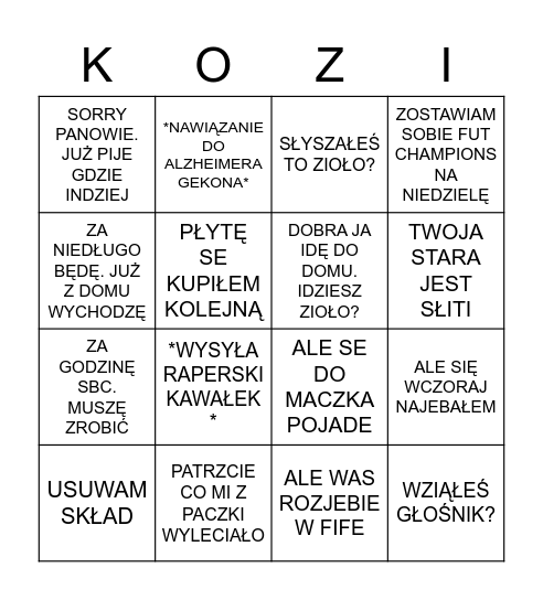 Kozlov Bingo Card