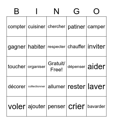 ER VERBS Bingo Card