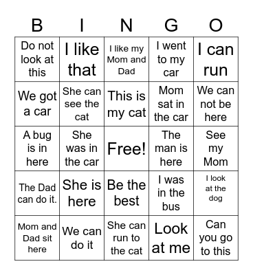 Sight Word Sentence Bingo Card