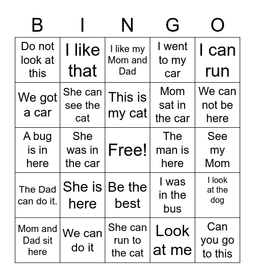 Sight Word Sentence Bingo Card
