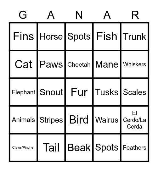 Los Partes del Cuerpo (Animales) Bingo Card