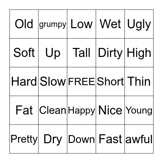 Opposite Bingo Card