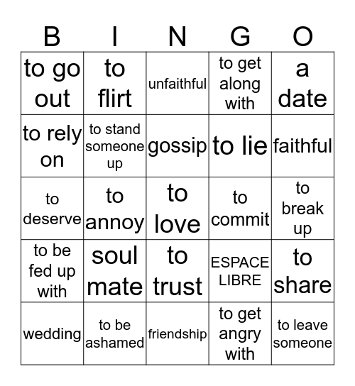 Les Relations Personnelles Bingo Card