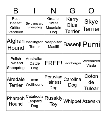 Rare Dog Breed Bingo Card