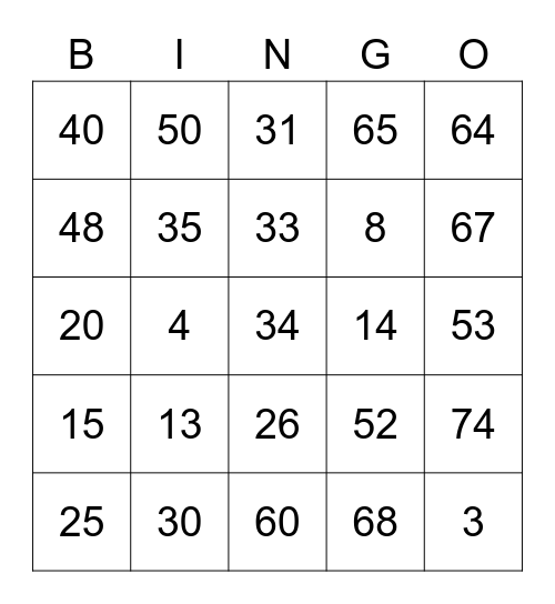 No Free Space 1-75 Bingo Card