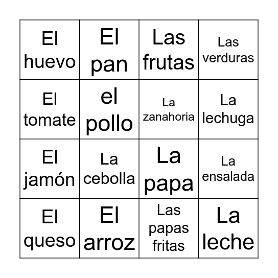 Comida Bingo Card