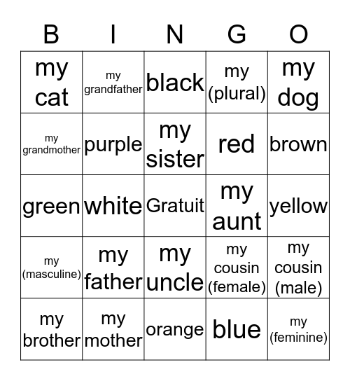 Family & Colors Bingo Card