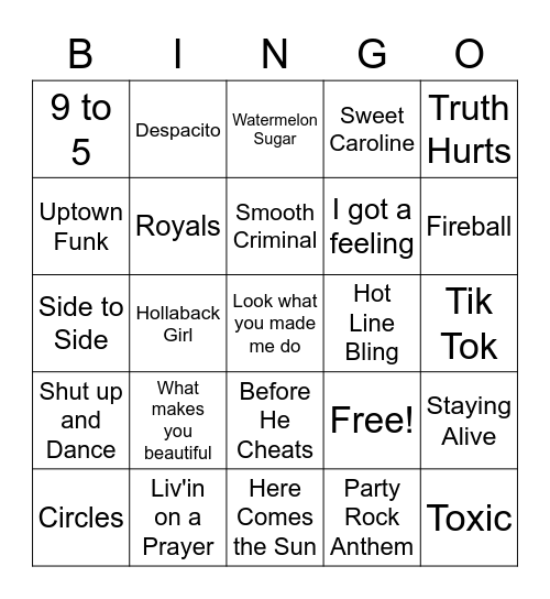 Popular Music Bingo Card