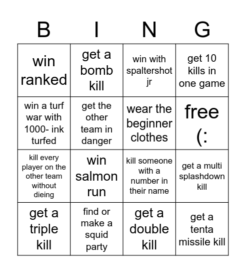splatoon 2 Bingo Card