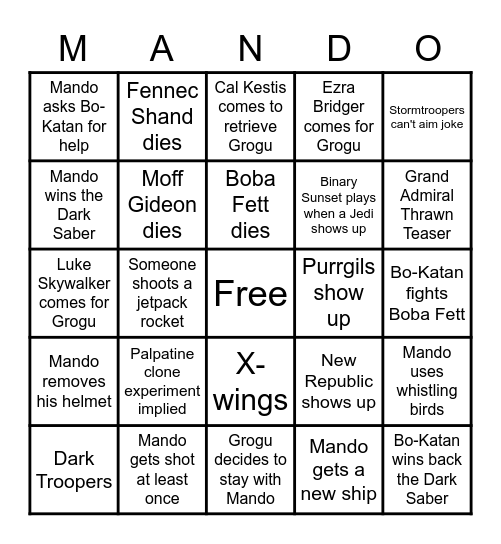 Mandalorian Season 2 finale predictions Bingo Card