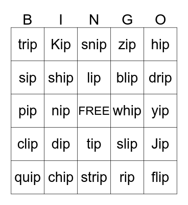 "ip" Words Bingo Card