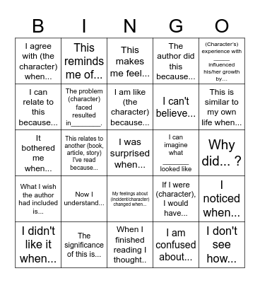 Number the Star - Reader Response Bingo Card
