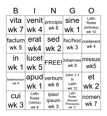 CC Latin Review Weeks 1-12 Bingo Card