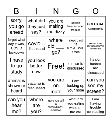 Zoomin COVID times BINGO Card