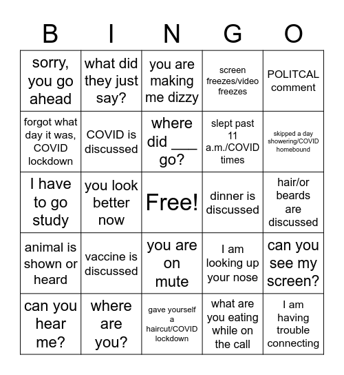 Zoomin COVID times BINGO Card